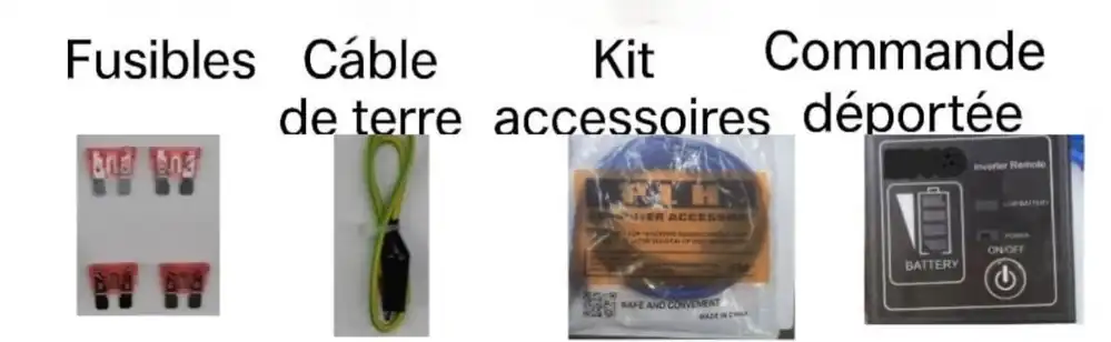 Accessoires fournis avec le convertisseur ABE-PS1000-12 : fusibles de rechange, câble de masse vert-jaune, kit accessoires et commande déportée avec voyant batterie